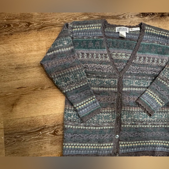 Jantzen Classic Fair Isle Cardigan Hand Emroidered Medium Large - Picture 6 of 7